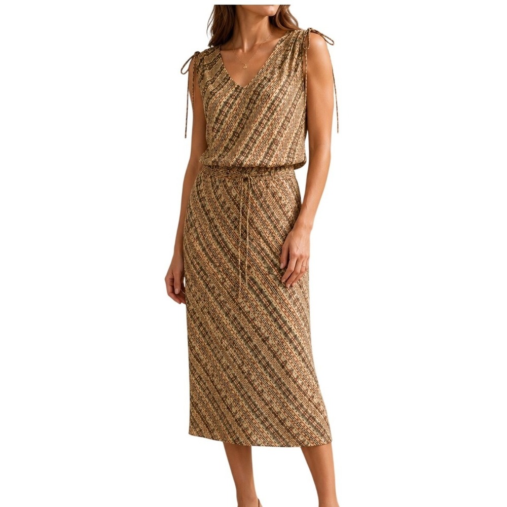 Vtg 100% Silk Two Piece Set Midi Skirt Top Sz 10 Brown Geometric Tie Shoulder 90